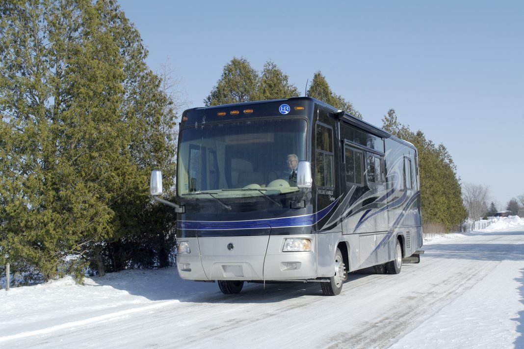 Rolling along the winter roads to adventure in a Holiday Rambler class A motorhome. Photo by Norm Rosen.