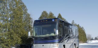 Rolling along the winter roads to adventure in a Holiday Rambler class A motorhome. Photo by Norm Rosen.