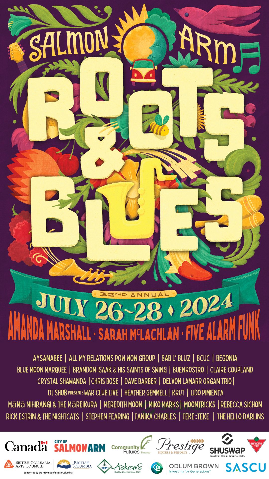 Roots and Blues Music Festival, Salmon Arm, BC, July 26 - 28, 2024.