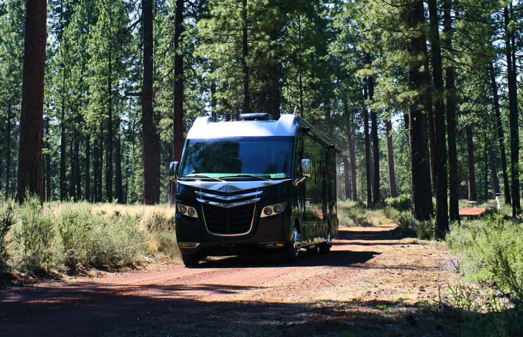 Class A Motorhome in wooded country road setting