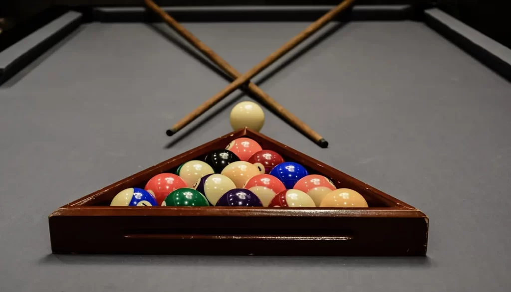 Billiard balls set up for a break shot
