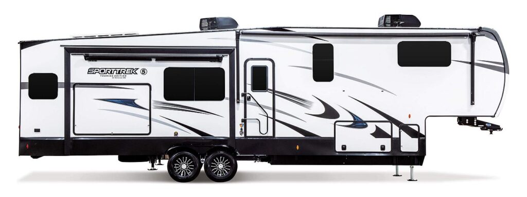 Two awnings on this beautiful new Venture RV SportTrek fifth wheel!