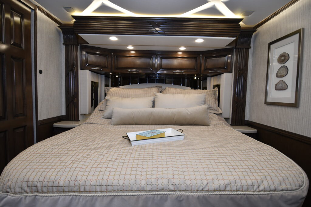 The master bedroom in the Mountain Aire 3825 - our test unit featured the optional power tilting bed.
