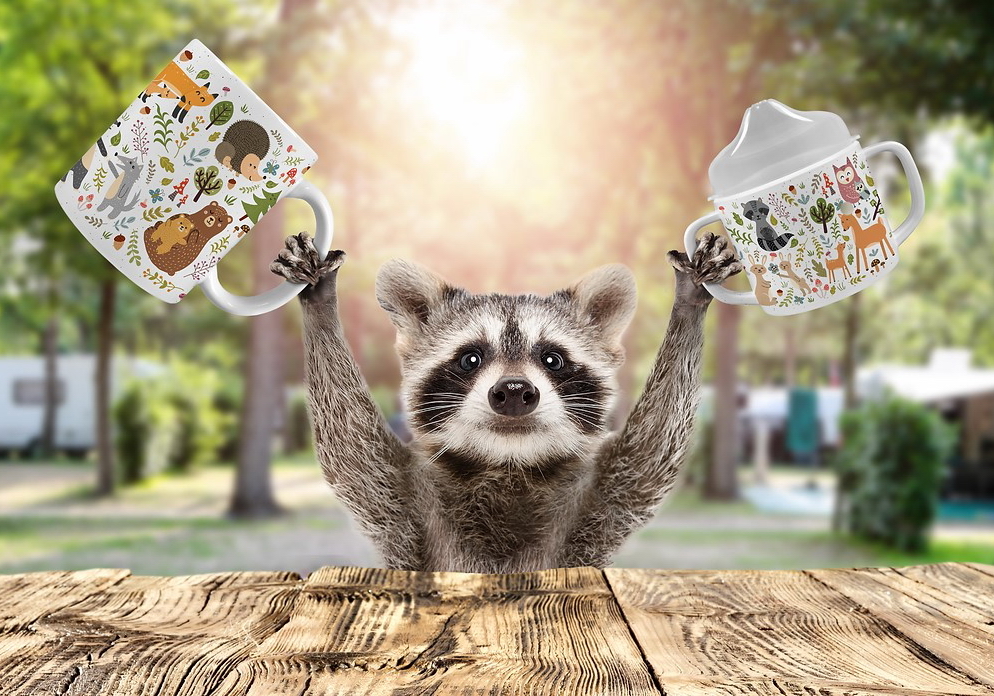 Camp Casual RV theme mugs are "raccoon approved".