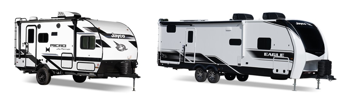 Jayco towable travel trailers for 2024 left - Jay Feather Micro right Jayco Eagle