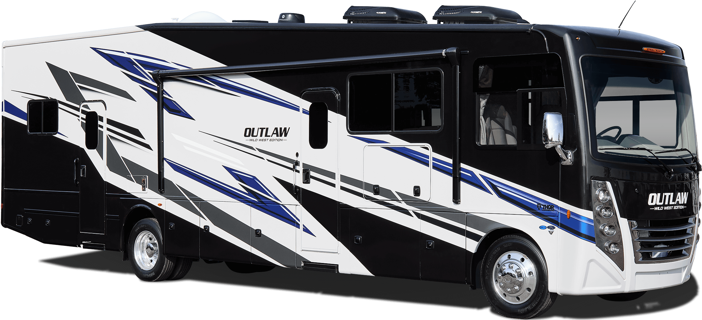 Thor Motor Coach 2024 Outlaw 38K Class A motorhome - exterior paint Crossfire Blue.