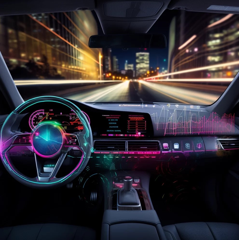 Concept image of a car dashboard circa 2048