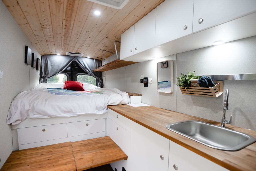 All Karma vans have a user-friendly interior. With a queen bed, sink, storage and furnace, Karma vans have everything needed for a comfortable trip.
