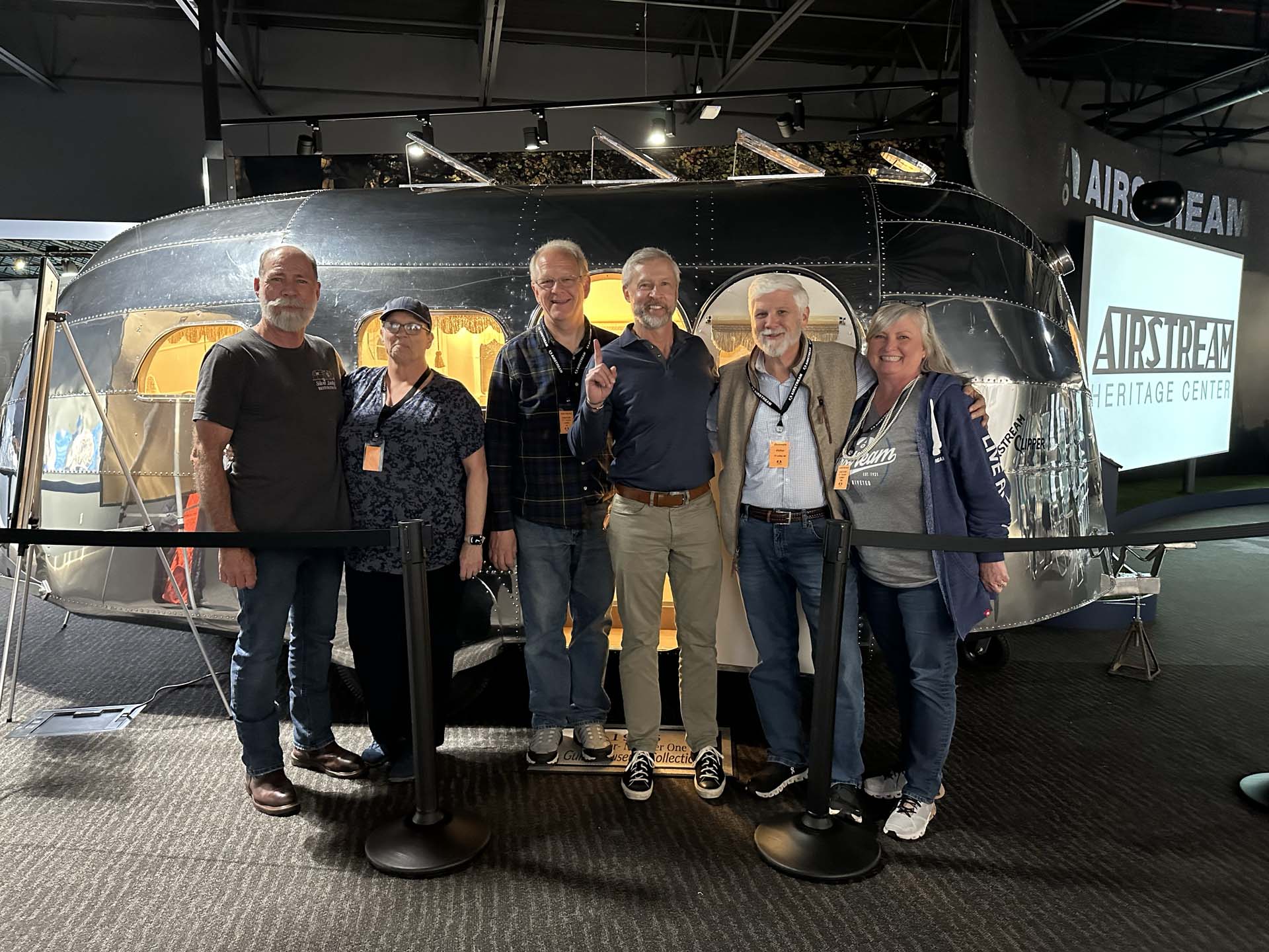 (L to R) Rick and Rose Larson of Silver Lady Restoration, Airstream historian Joe Peplinski, Airstream President & CEO Bob Wheeler, and David and Mary Gulley of the Gulley Collection