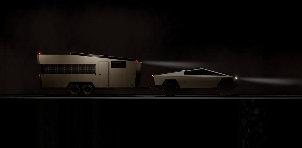 Living Vehicle CyberTrailer Side Go Mode, towed by a Tesla Cyber Truck