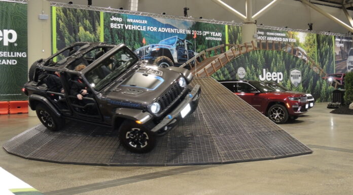 Automotive journalists take the 2025 Jeep Gladiator Rubicon through ite paces on the indoor test track - Canadian International AutoShow, Toronto