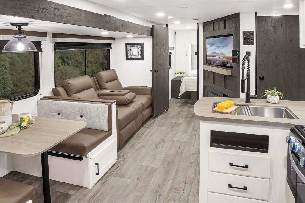 KZ RV brought the spirit of chocolate to the Hershey RV Show, with this interior decor featured in the 2026 SA251VRB Sienna travel trailer. See the full range of KZ RV and Venture models at https://www.venture-rv.com/ 