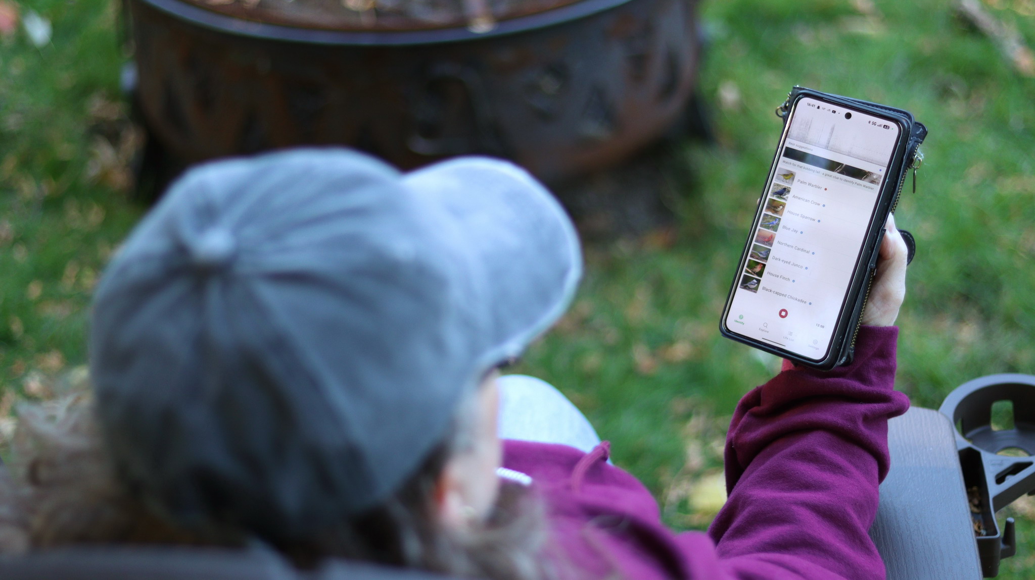 RVL CWTC - RESIZED Cheryl identifying birds by sound with Merlin Cheryl Coles identifying birds by sound, using the Merlin app.