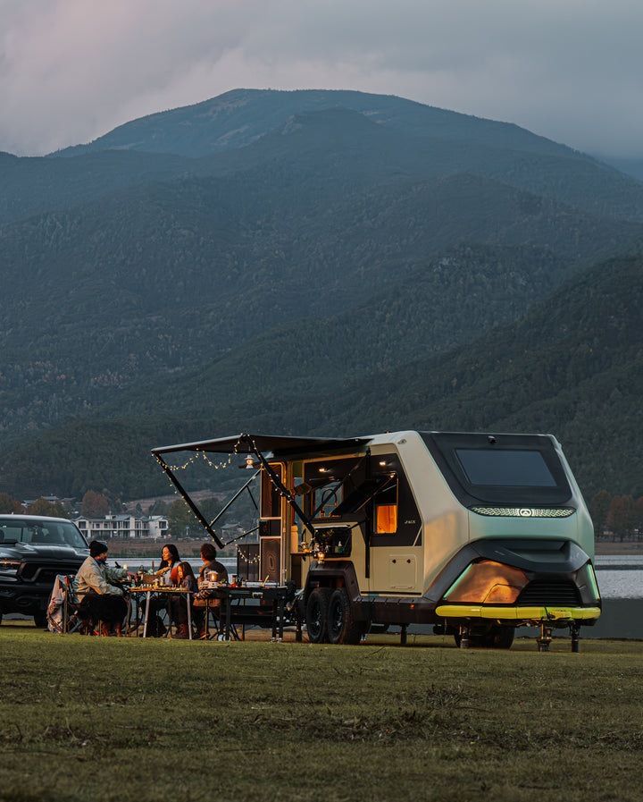 At a campsite, or in the middle of nowhere, the Evotrex PG5 all-electric travel trailer provides a fully integrated power system.